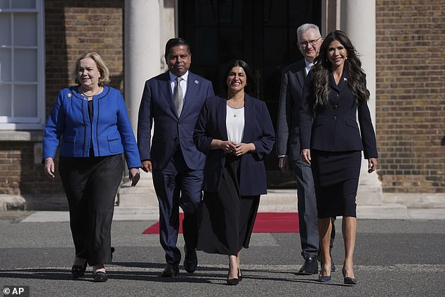 (Pictured from left to right) New Zealand's Minister of Defence Judith Collins, Canada Minister of Public Safety Gary Anandasangaree, Britain's Home Secretary Shabana Mahmood, Australia's Minister for Home Affairs Tony Burke and United States Homeland Security Secretary Kristi Noem