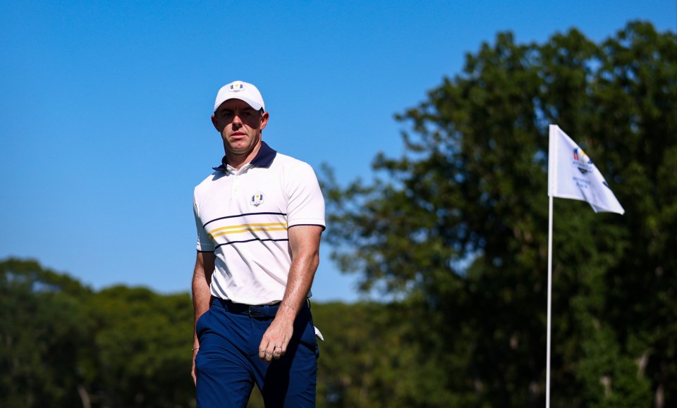Rory McIlroy of Europe leaves the ninth green during the Ryder Cup.