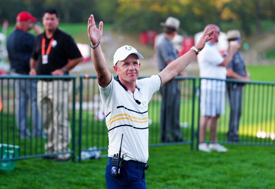 Team Europe Captain Luke Donald after winning the Ryder Cup outright, beating the United States 15-13 on day three of the 2025 Ryder Cup at the Bethpage Black Course, Farmingdale, New York. Picture date: Sunday September 28, 2025. PA Photo. Photo credit should read: David Davies/PA Wire. RESTRICTIONS: Use subject to restrictions. Editorial use only, no commercial use without prior consent from rights holder.