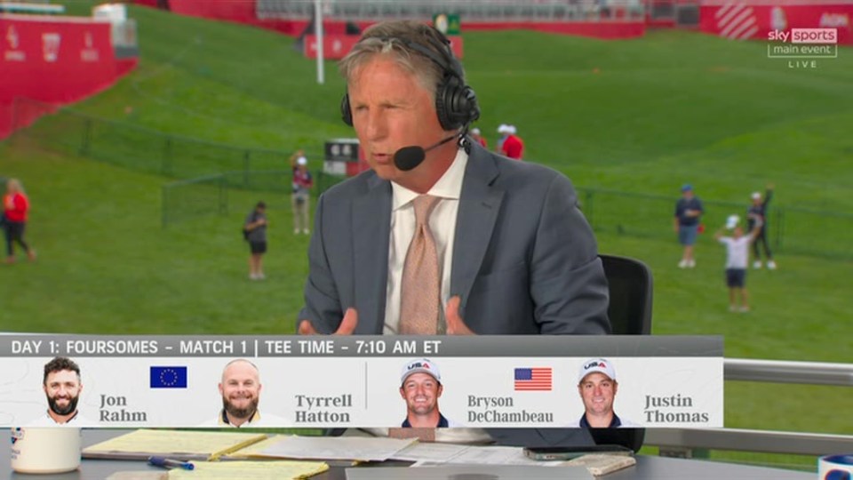A sports commentator reports on a golf match with the pairings of Jon Rahm and Tyrrell Hatton against Bryson DeChambeau and Justin Thomas.