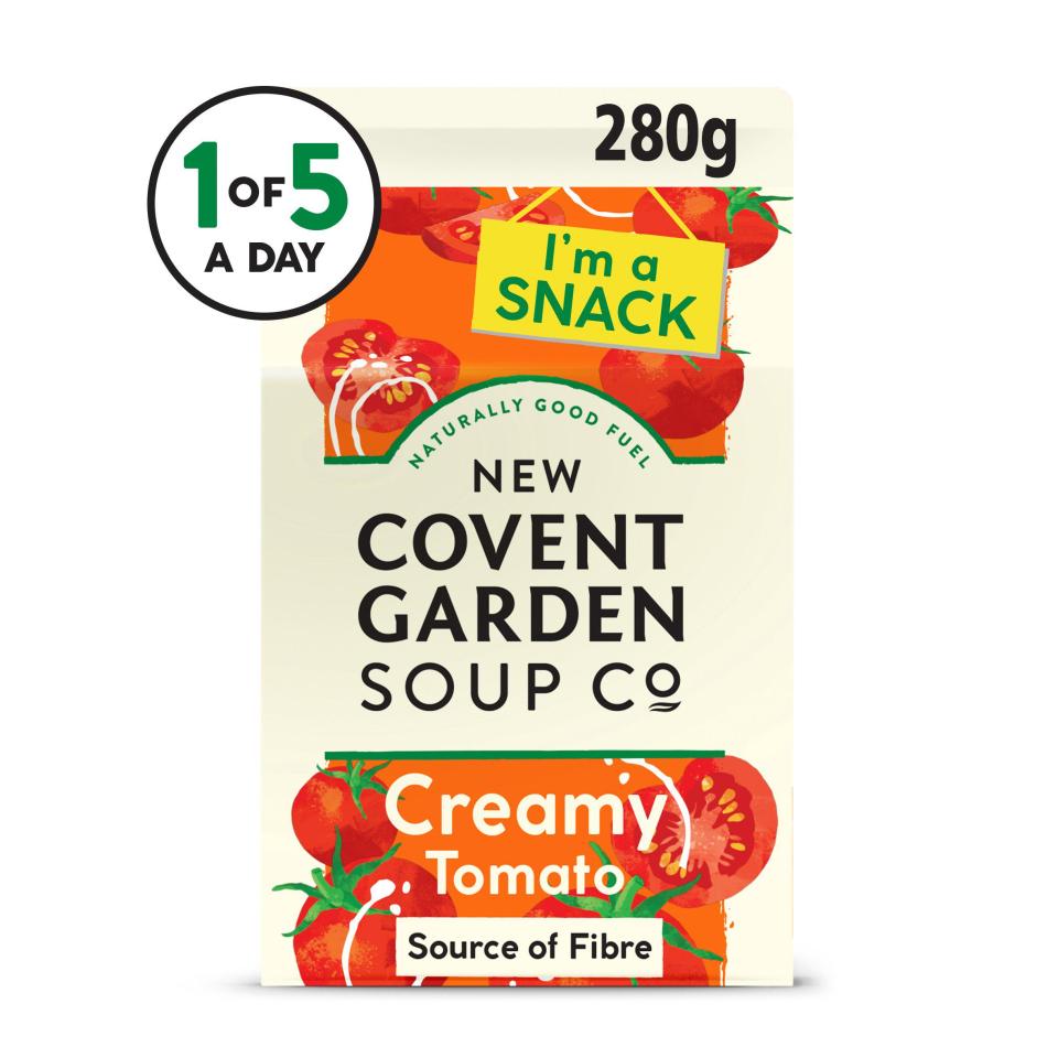 New Covent Garden Creamy Tomato Soup Co. 280g carton with "1 of 5 a day", "I'm a snack", "Naturally good fuel", and "Source of Fibre" labels.