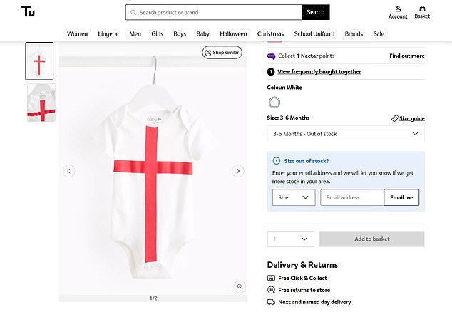 Sainsbury's have sold out of some sizes of their St George's cross babygrows after the supermarket advertised the outfits as one of 'this season's best looks'