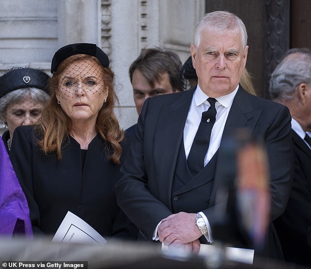 Prince Andrew, Duke of York and Sarah Ferguson, Duchess of York attend the funeral of Katharine, Duchess of Kent at Westminster Cathedral on September 16 2025