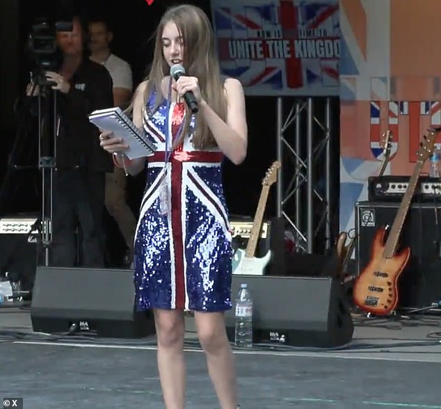 Courtney Wright, 13, who was banned from school after teachers told her she could not wear a dress bearing the Union Jack flag told a crowd of more than 110,000 protesters in London that 'British culture matters too'