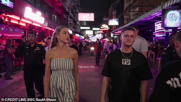 Young British men are soliciting sex for 'as little as £23' in Thailand , with some choosing to ditch the UK altogether and settle down with these 'bar girls', Zara McDermott discovered in her new documentary Thailand: The Dark Side of Paradise. She is seen here with Mac, a British content creator who ditched the UK for Thailand two years ago
