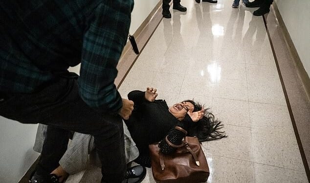 The woman was thrown to the ground by an immigration official in front of her two young children