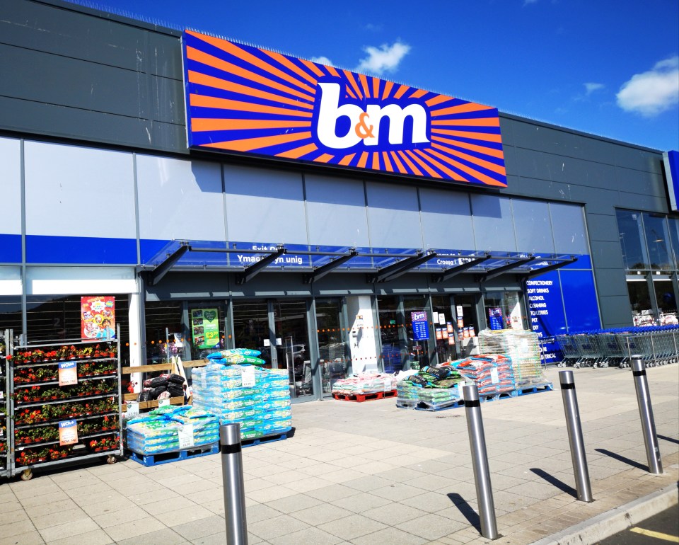 B&M Bargains retail shop front with merchandise displayed outside.