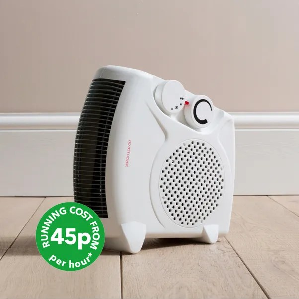 White portable fan heater with a green circular sticker indicating a running cost of 45p per hour.