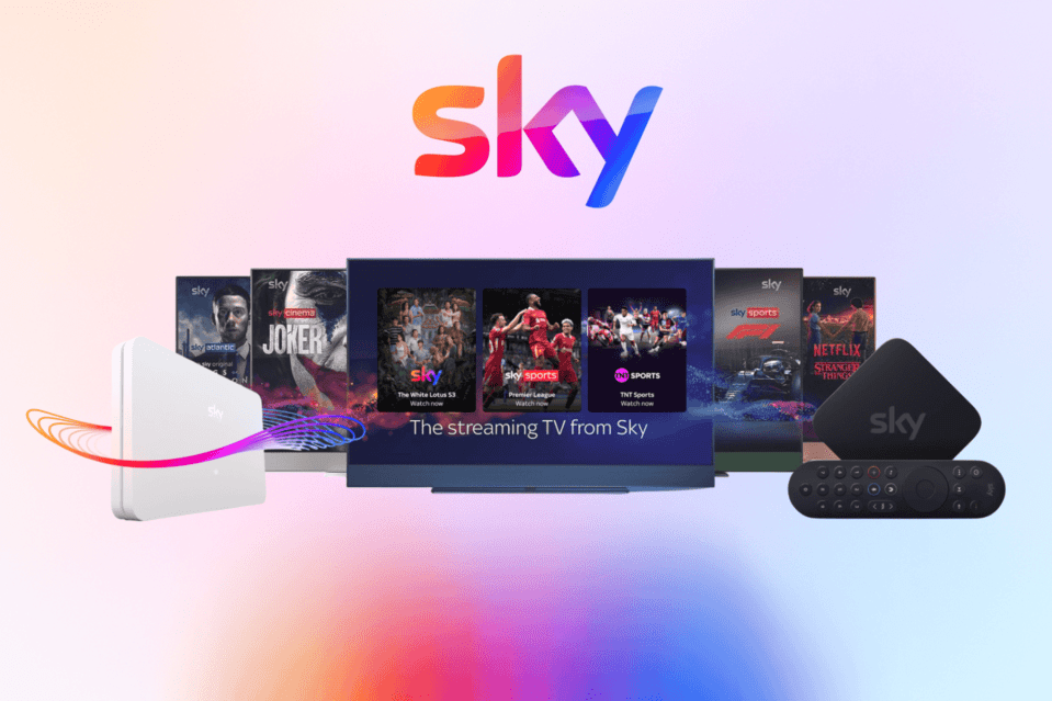 Sky logo above various Sky streaming services and equipment.