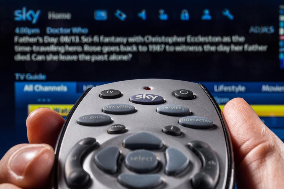 Person holding Sky TV remote.