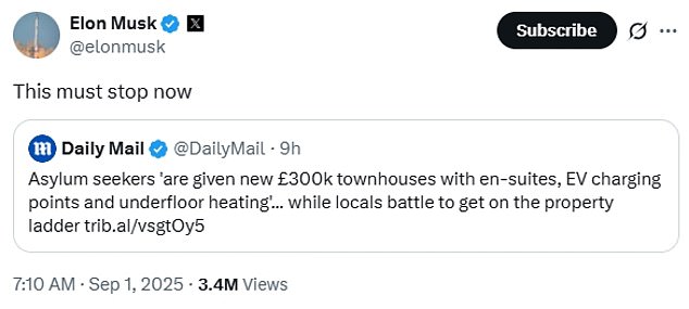 Elon Musk has now taken to X to share his view on the scandal by posting above a link to the Mail's coverage: 'This must stop now'