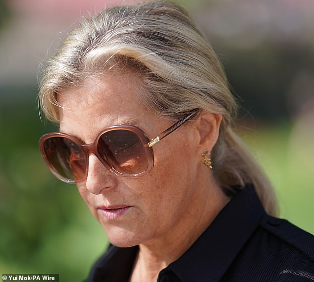 She was seen with a solemn expression in her first public engagement since news of the Duchess of Kent's passing