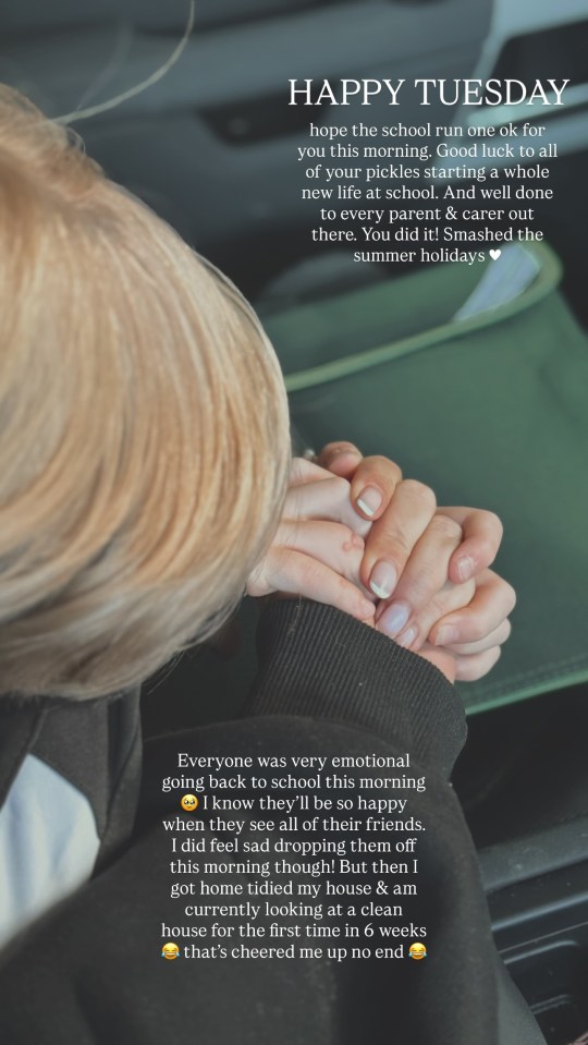 Photo of hands clasped together; text overlay wishes everyone good luck on the first day of school and shares the author's emotional experience.