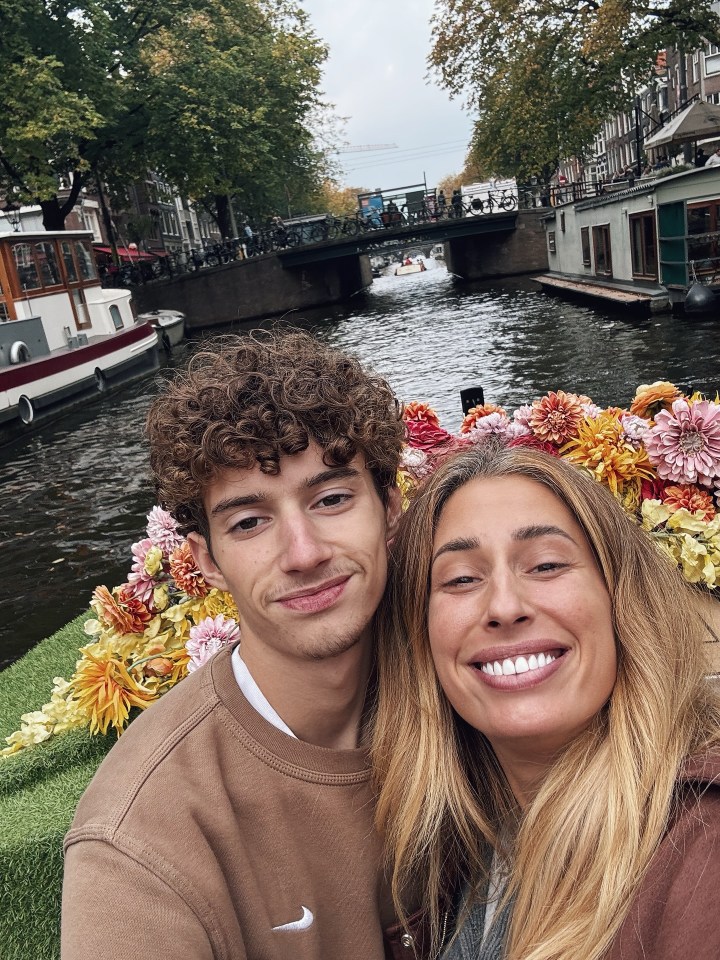 Stacey Solomon and her son Zach on a boat in an Amsterdam canal.
