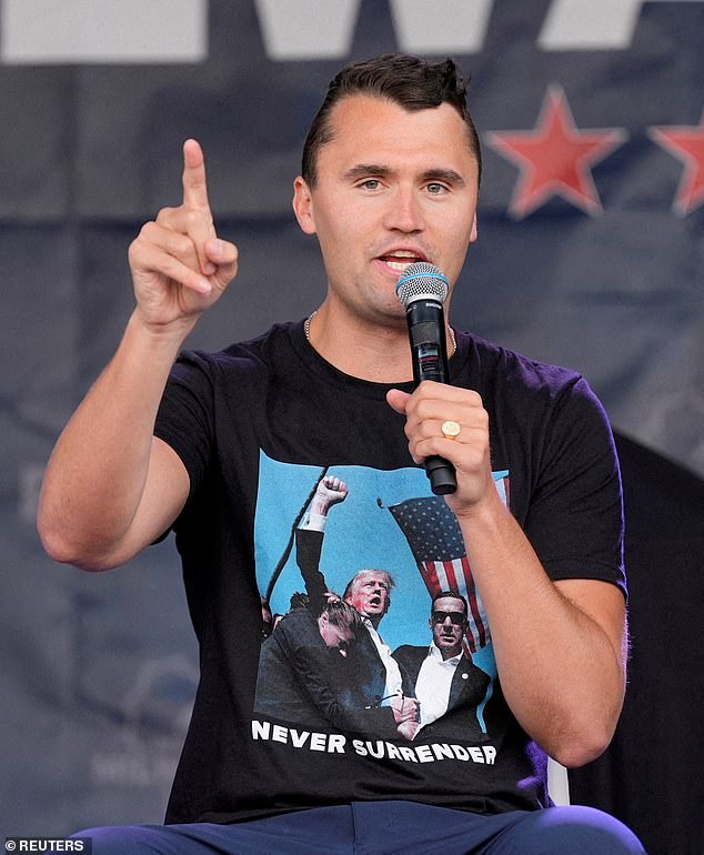 In the video , a woman describes her experience entering a Starbucks location to order a Mint Majesty tea with two honeys - a drink she says was favored by Charlie Kirk (pictured)