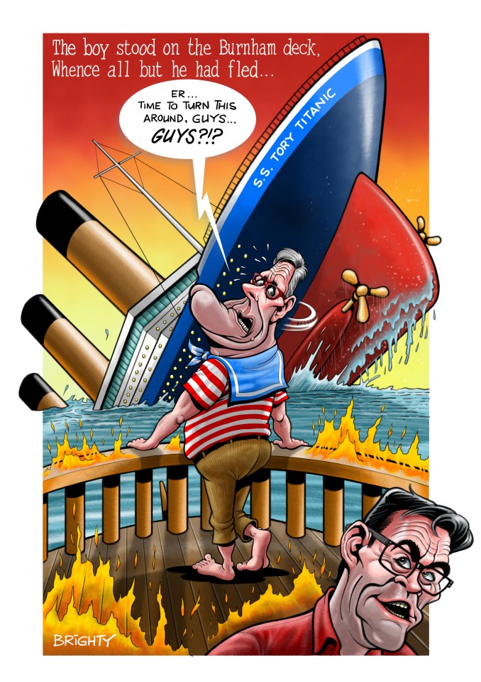 Illustration of a man dressed as a sailor on a burning ship's deck, looking panicked as the ship, labeled "S.S. TORY TITANIC," sinks in the background.