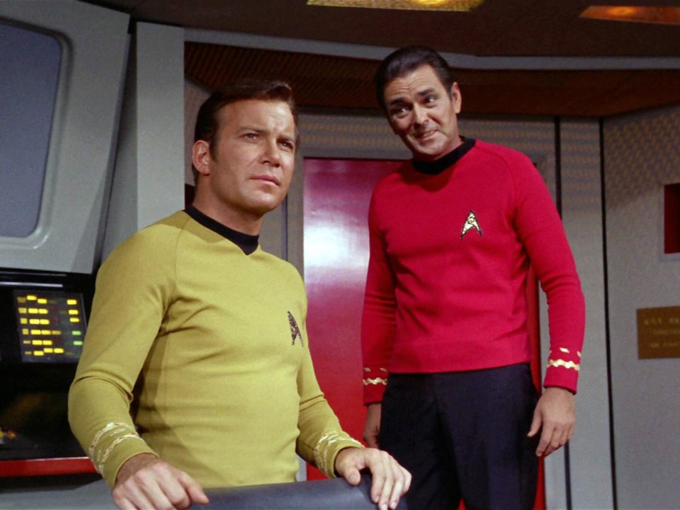 William Shatner as Captain James T. Kirk and James Doohan as Montgomery "Scotty" Scott in Star Trek's "Spock's Brain."