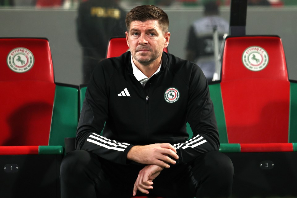Steven Gerrard, Head Coach of Al-Ettifaq FC, looks on from the bench.