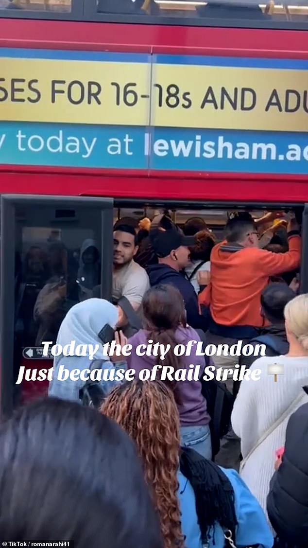 Scenes of chaos erupted across London on Monday as commuters desperately tried to pack onto buses which were so full that the doors could not close