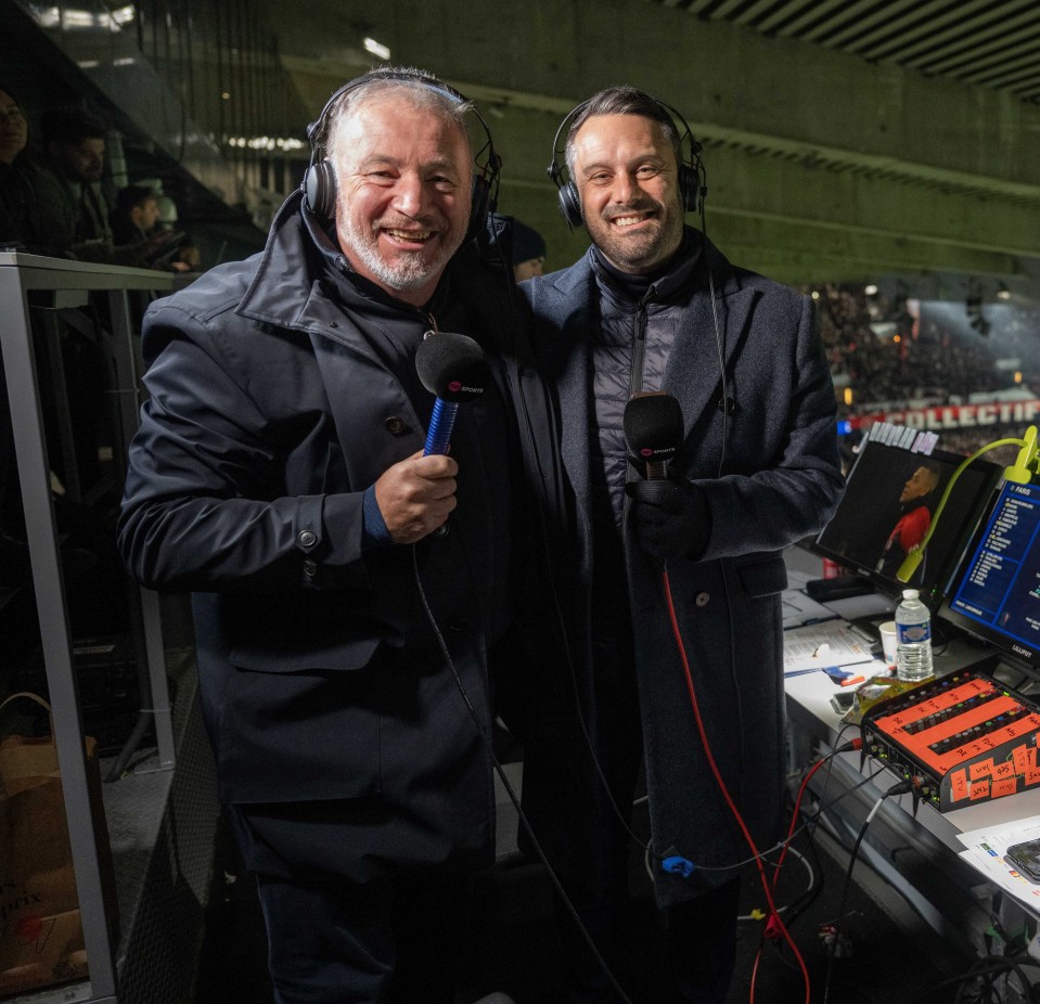Darren Fletcher and Ally McCoist in a broadcast booth at a soccer match.