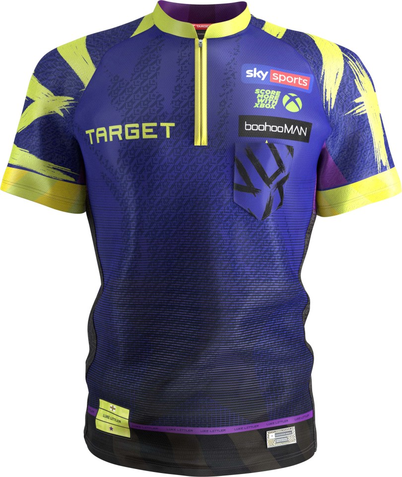 Youth dart shirt featuring Luke Littler's name and sponsors.