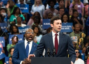 Sen. John Ossoff, a Democrat from Georgia, speaks at a campaign rally for Vice President Kamala Harris at the Georgia State Convocation Center on July 30, 2024, in Atlanta, Georgia.