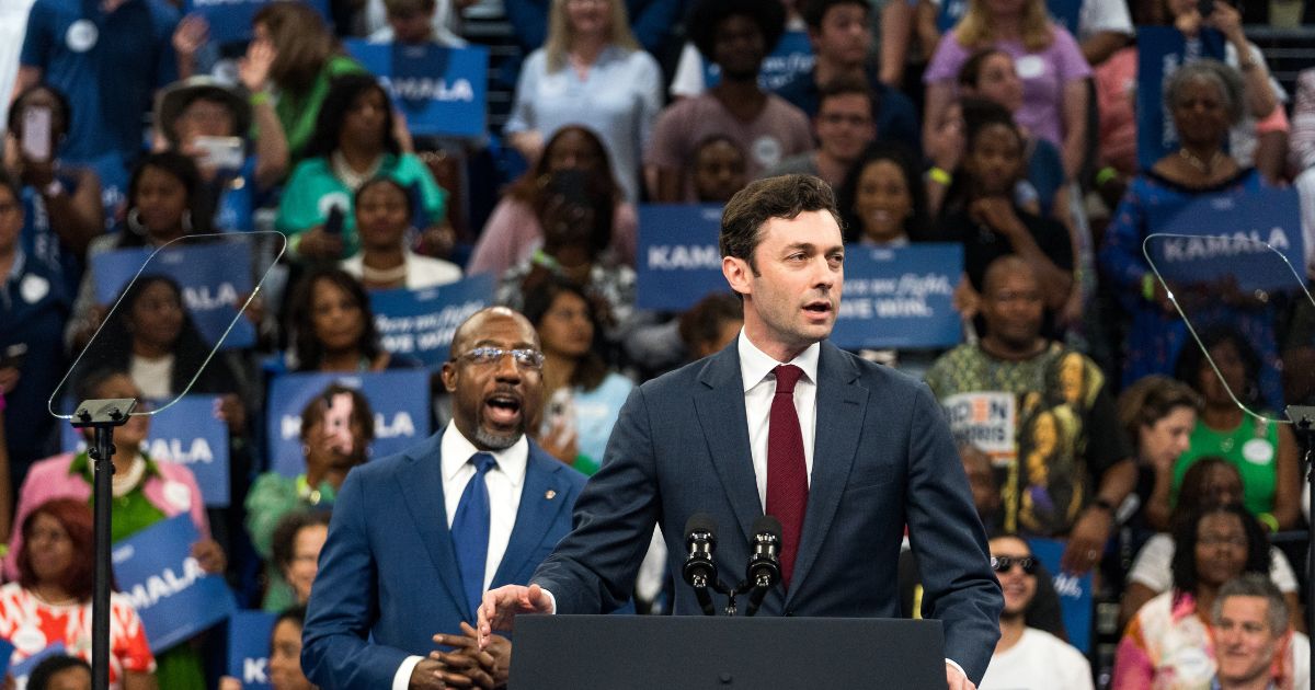 Sen. John Ossoff, a Democrat from Georgia, speaks at a campaign rally for Vice President Kamala Harris at the Georgia State Convocation Center on July 30, 2024, in Atlanta, Georgia.