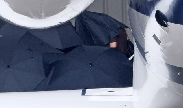 Taylor Swift seen arriving in Santa Barbara for Selena Gomez's big day. The singer was photographed in a black short sleeve top and carrying a black bag as she was carefully led out of her private plane this afternoon