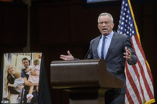 Secretary of Health and Human Services Robert F. Kennedy Jr. speaks during a memorial and prayer vigil for Charlie Kirk at the John F. Kennedy Memorial Center for the Performing Arts, Sunday, Sept. 14, 2025, in Washington