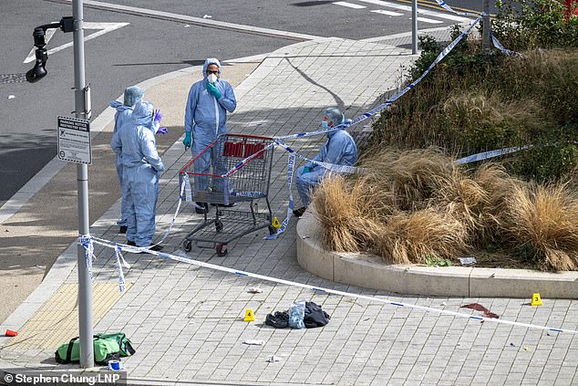 Forensics officers at a crime scene near Wembley Stadium following a reported shooting