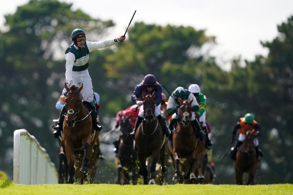 Jockey JJ Slevin celebrating on Nurburgring after winning the Guinness Galway Hurdle Handicap.