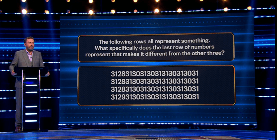 Game show question: find the difference between four nearly identical number sequences.