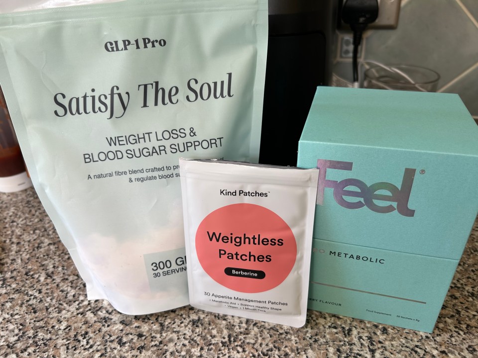 GLP-1 Pro weight loss and blood sugar support supplement, Kind Patches weightless patches, and Feel metabolic supplement box.