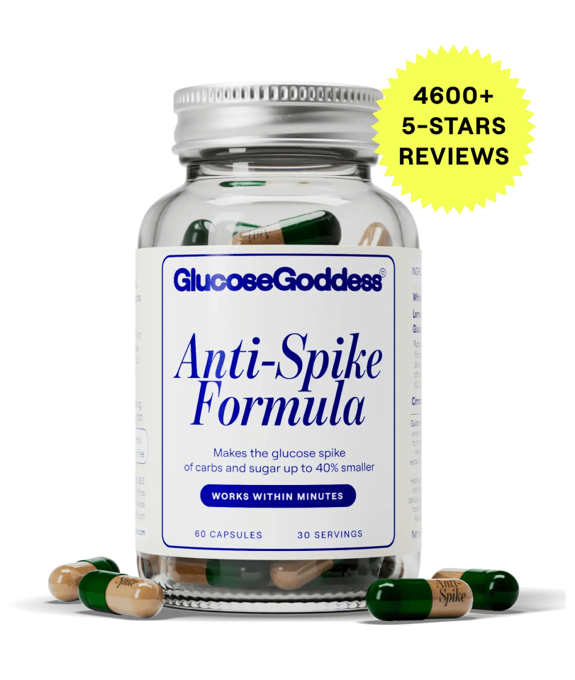 Glucose Goddess Anti-Spike Formula capsules in a jar; 4600+ 5-star reviews.