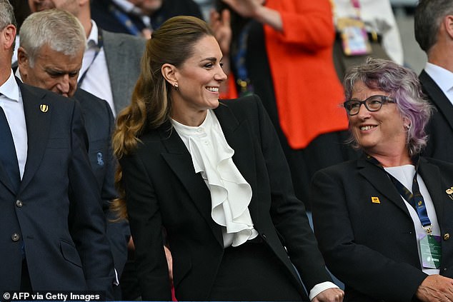 The Princess of Wales looked jubilant today as she cheered on England's Red Roses from the stands at the Brighton & Hove Albion Stadium