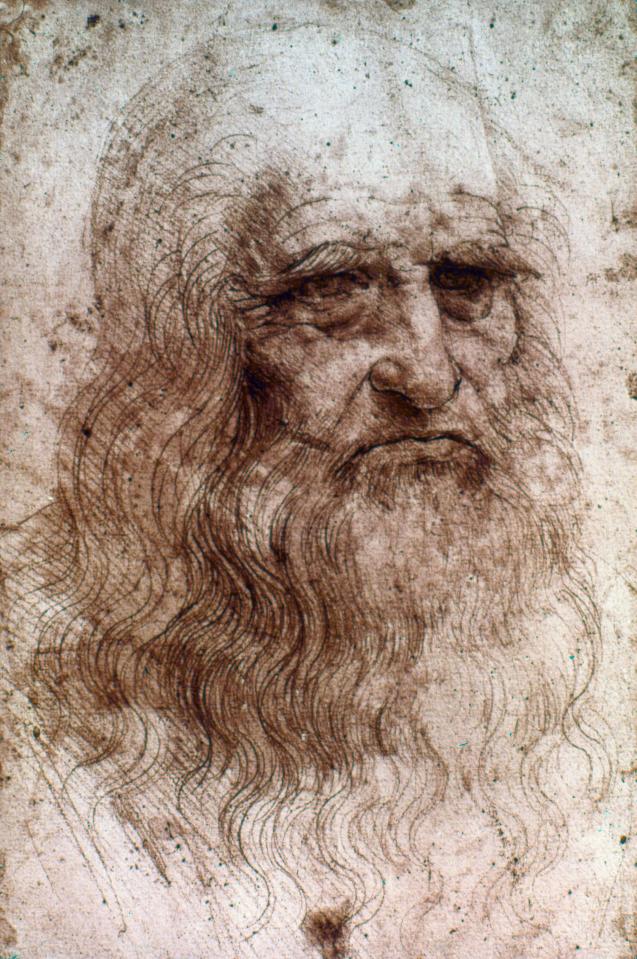 Illustration of Leonardo da Vinci, a man with a long beard and hair, drawn with red chalk on paper.
