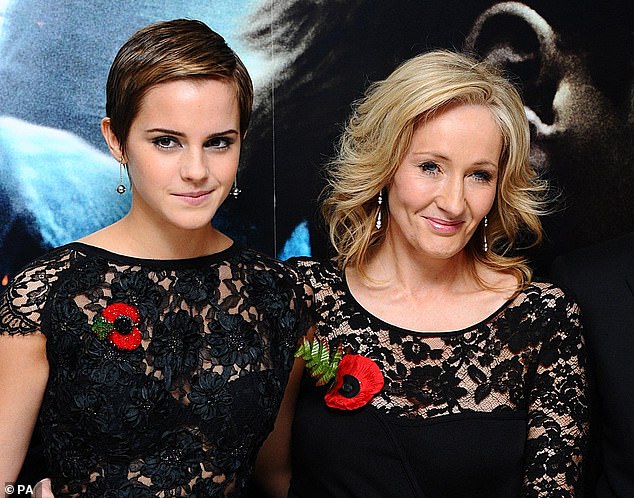 It comes after a row over transgender rights between the pair escalated on Monday (Rowling and Watson are pictured at the world premiere of Deathly Hallows in 2011)