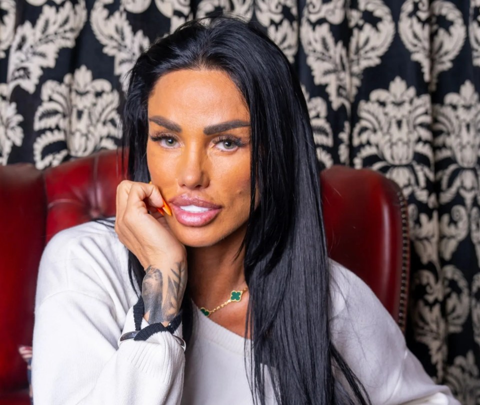 An image collage containing 1 images, Image 1 shows Katie Price seated in a red leather armchair