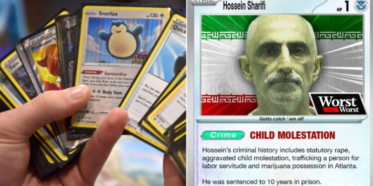One or more Pokémon fans at the Department of Homeland Security has created images like those at right, similar to the popular Pokémon trading cards seen at left, except the DHS version features alleged criminals and the offenses they are accused of committing.