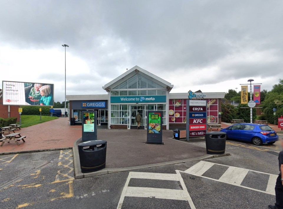 The front entrance of a Moto service station with a Greggs, M&S Simply Food, Costa, KFC, Burger King, and Pret A Manger.