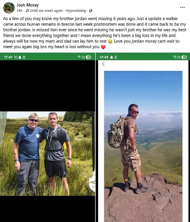 Police confirmed today that remains found a week ago in the Brecon Beacons were those of Jordan, as his brother Josh paid tribute to his 'best friend'