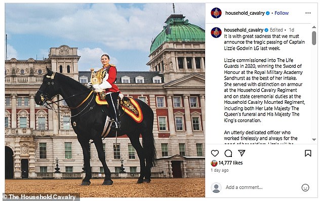 The Household Cavalry shared a tribute to Cpt Goodwin on social media following her death