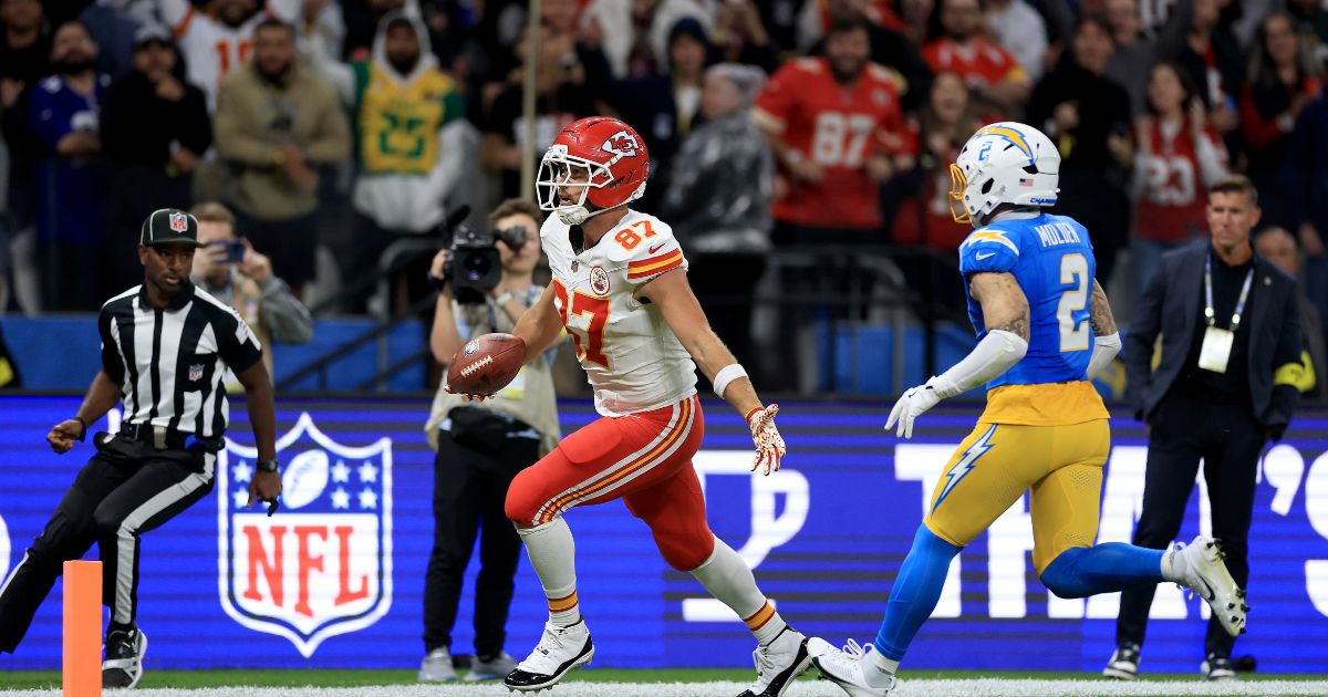 Travis Kelce of the Kansas City Chiefs celebrates after scoring a touchdown against the Los Angeles Chargers during the game at Arena Corinthians on Sept. 5, 2025, in Sao Paulo, Brazil.