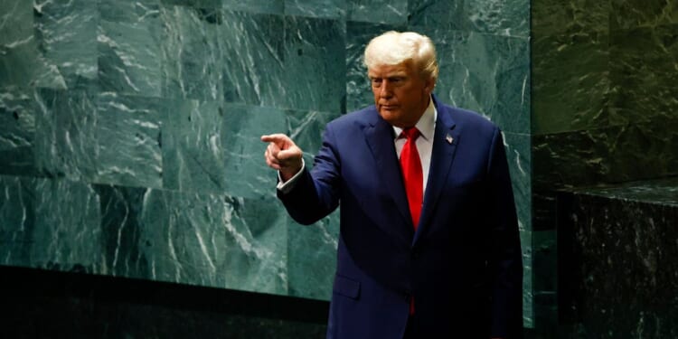President Donald Trump departs after speaking during the 80th session of the UN’s General Assembly at the United Nations headquarters on Sept. 23, 2025.