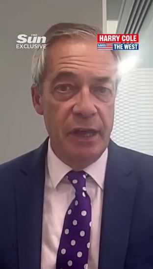 Nigel Farage in a suit and polka dot tie with "The Sun Exclusive" and "Harry Cole Saves the West" logos.