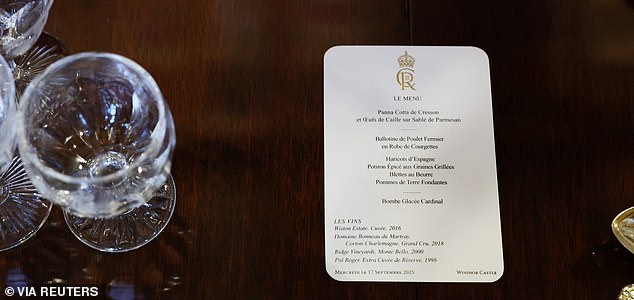 The menu card for the state banquet for the state visit by U.S. President Donald Trump ahead of a state banquet in St. Georges Hall at Windsor Castle, Windsor, Britain, September 17, 2025. Anna Moneymaker/Pool via REUTERS