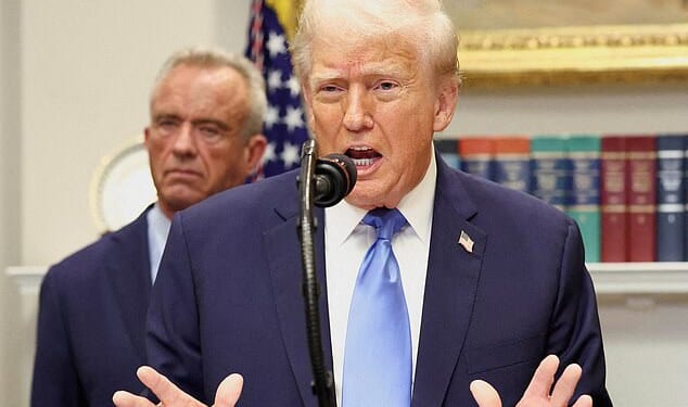 Donald Trump is pictured at the press conference on Monday, where he told pregnant women not to take Tylenol, or acetaminophen