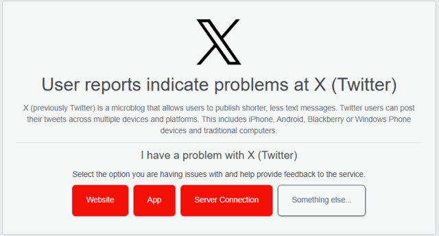 Screenshot of X (Twitter) service status page reporting problems.