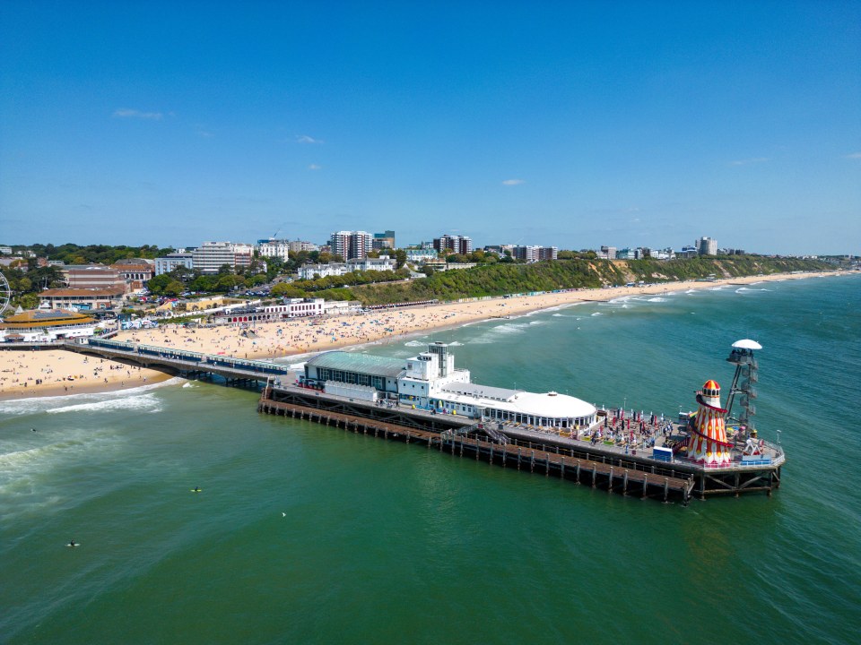 Aerial view of Bournemouth Pier and beach.