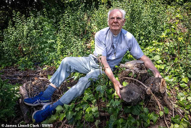 Philip Young in his garden where his blackthorn tree used to be in Felixstowe Suffolk